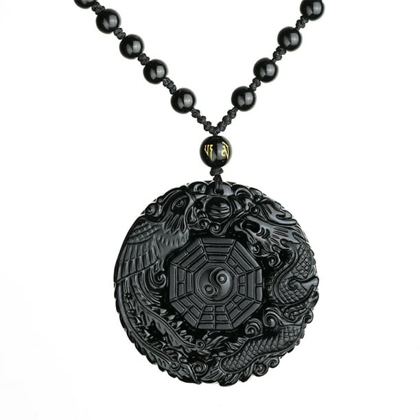 Natural Obsidian Carved Chinese Dragon Phoenix BaGua Lucky Pendant free Necklace Natural Obsidian Carved Chinese Dragon Phoenix BaGua Lucky Pendant free Necklace